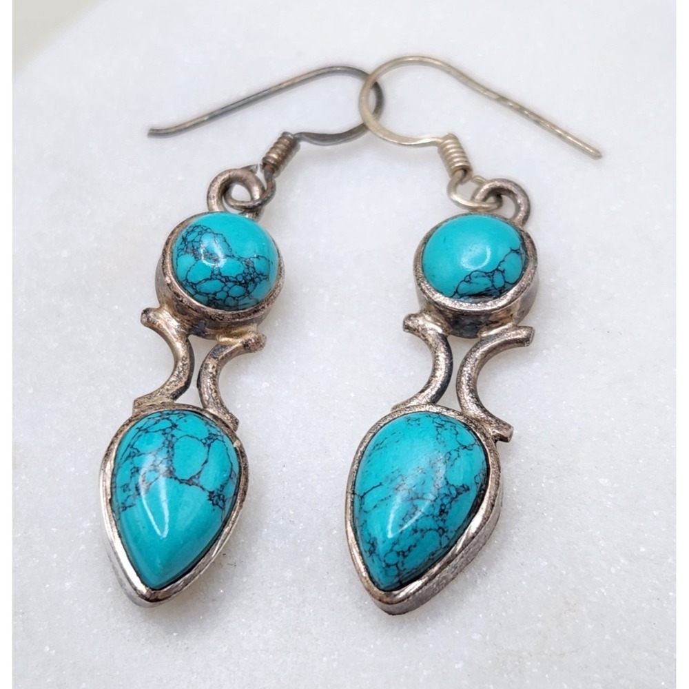 Vintage Sterling Silver Turquoise Earrings Dangle 925 Modernist